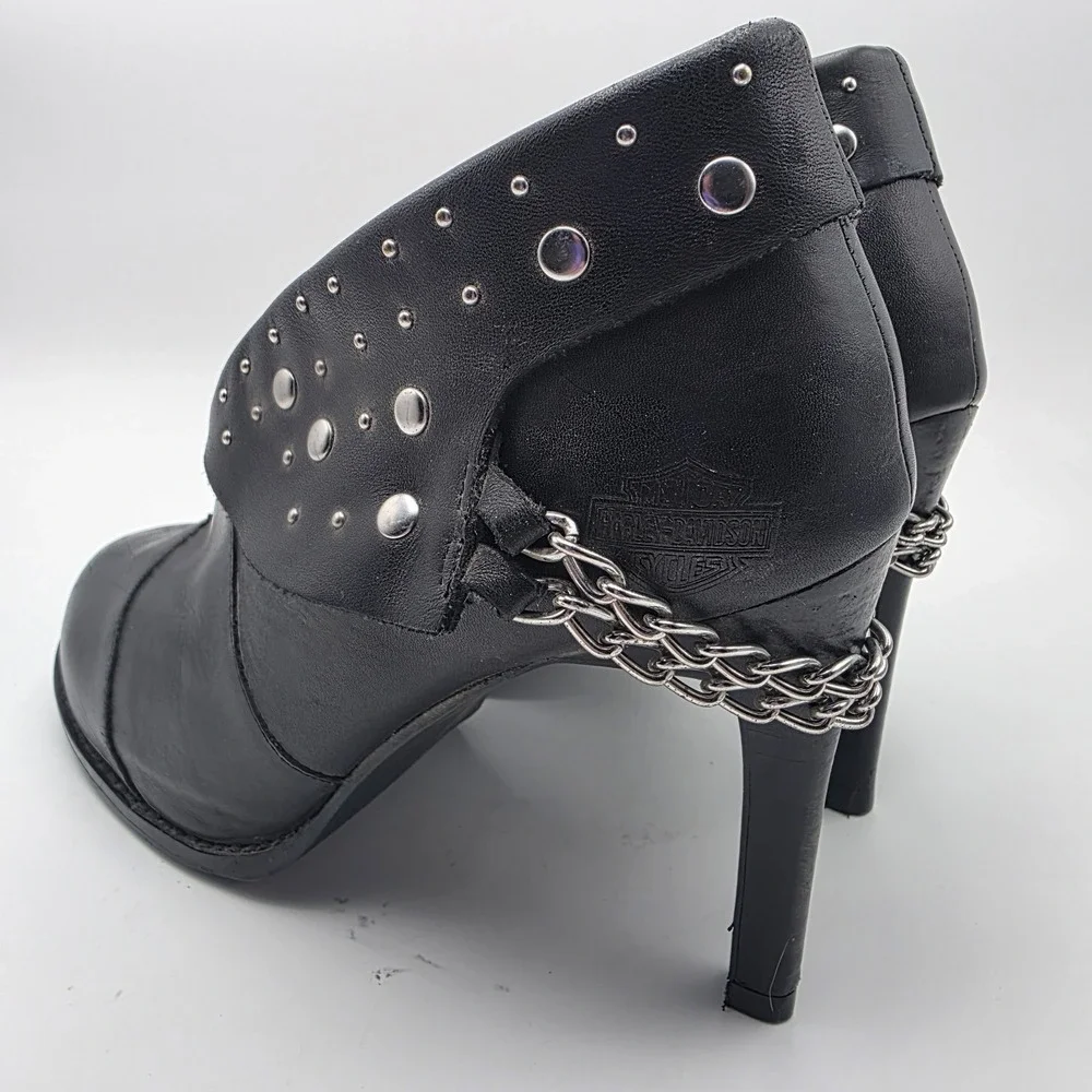 Harley-Davidson Lena Boots Women's 8.5 Black‎ Leather Studded Chain Moto Heels
